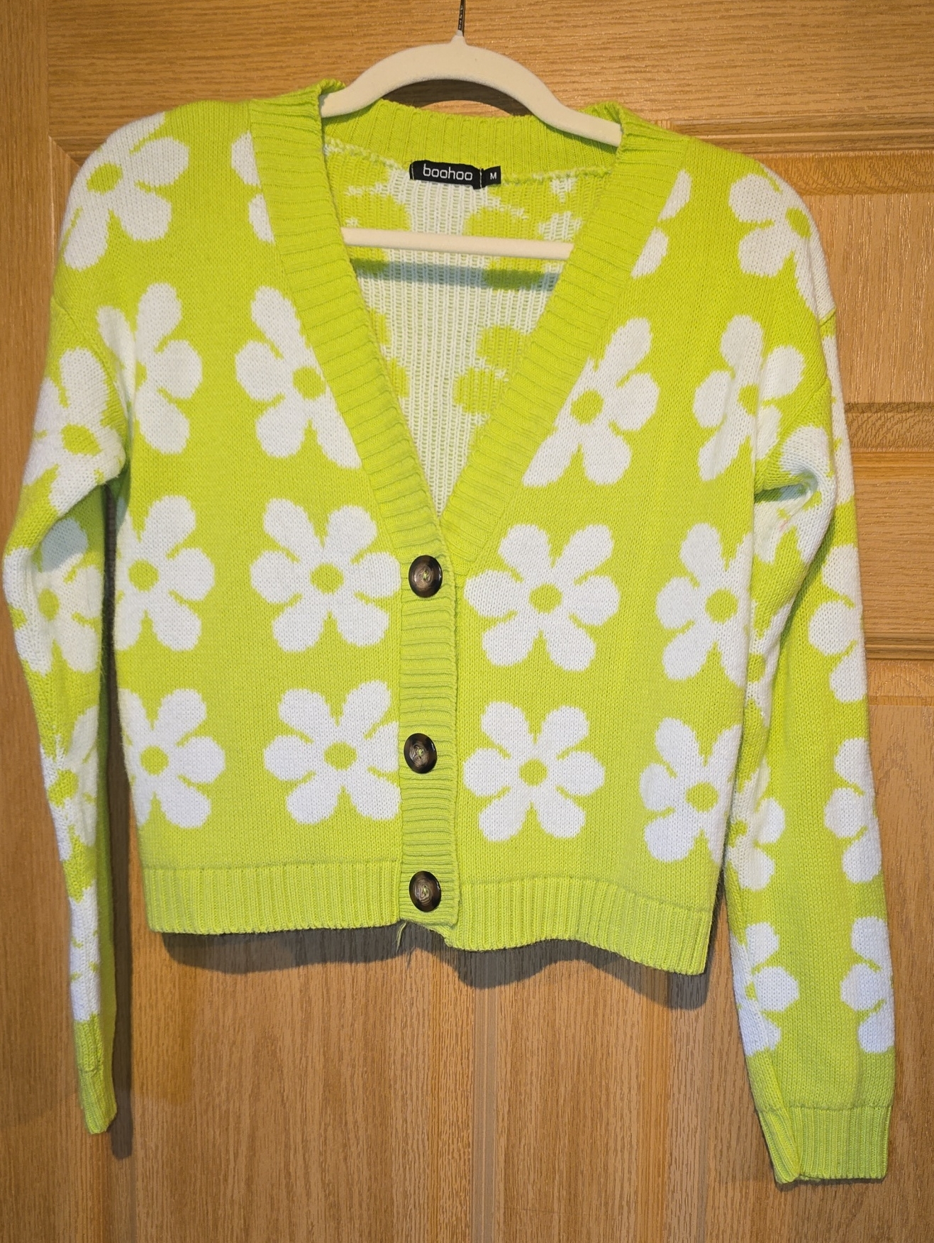 Boohoo Lime Green Daisy V-Neck Button Cardigan
